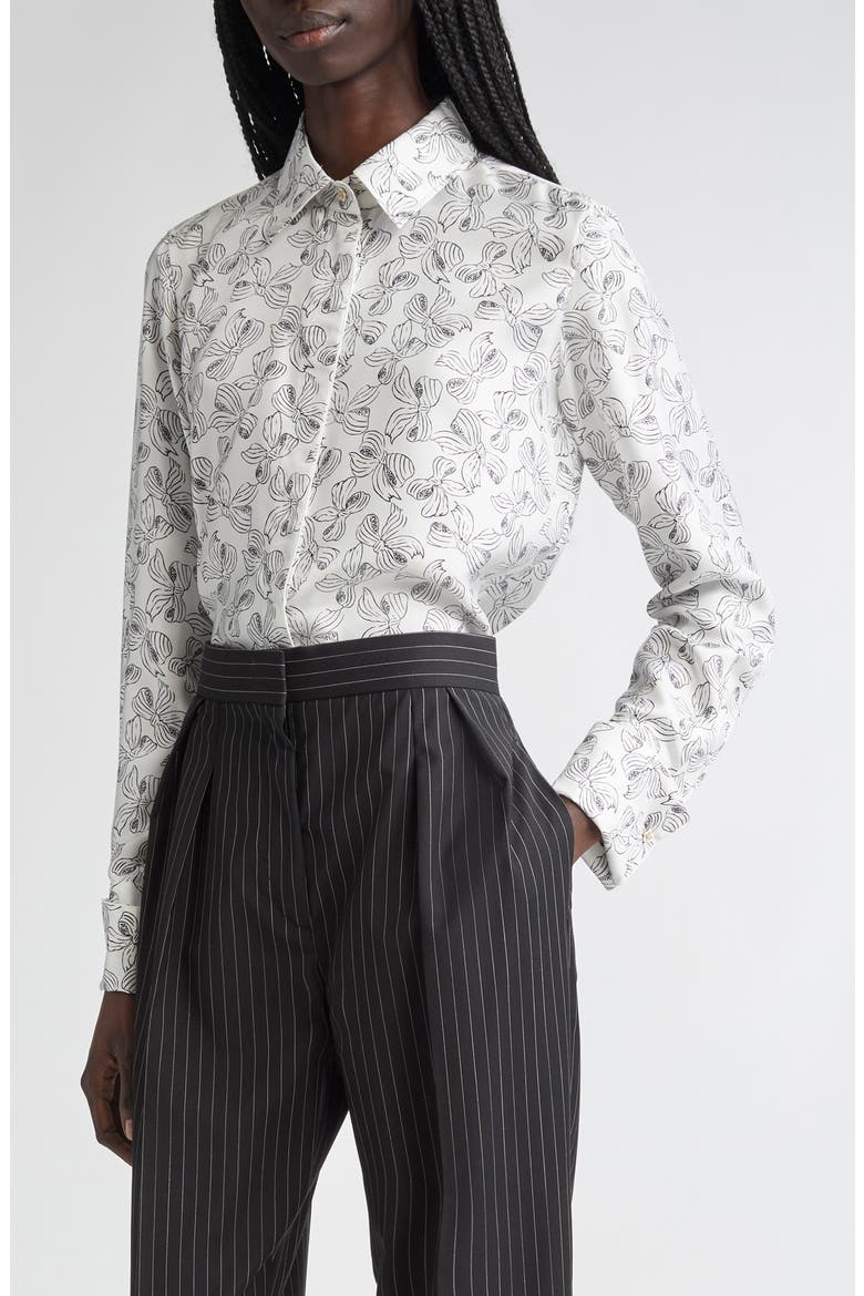 Rodesia Bow Print Silk Twill Button-Up Shirt, Main, color, WHITE BLACK