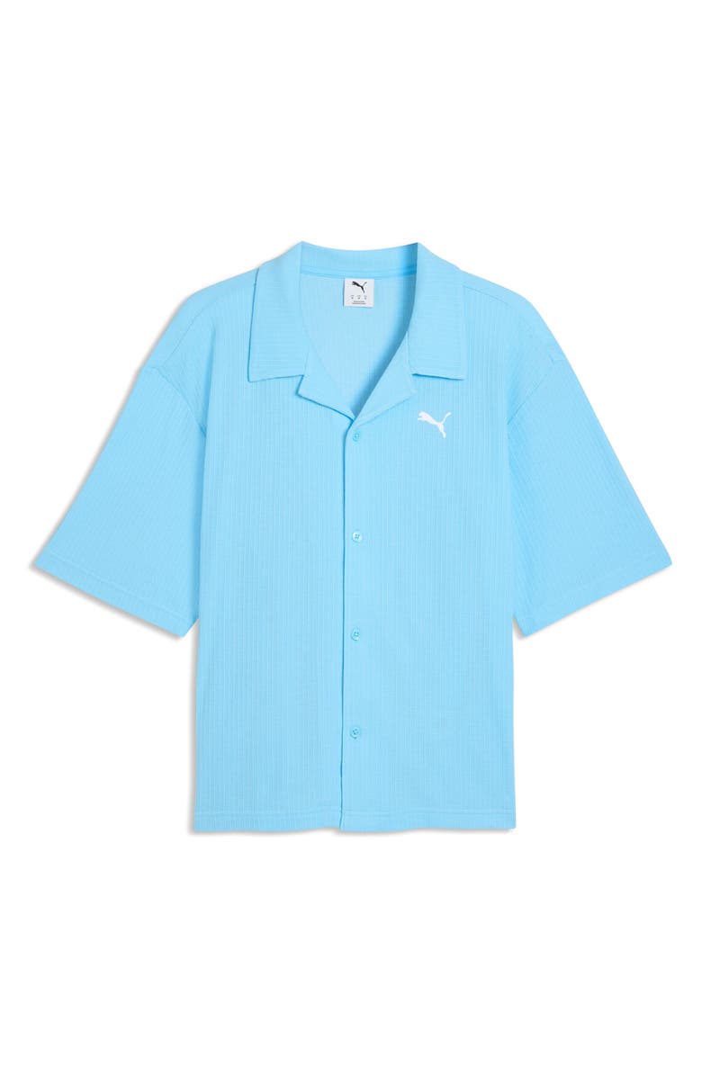 PUMA Wardrobe Essentials Waffle Knit Boxy Button-Up Shirt, Alternate, color, Vibrant Blue