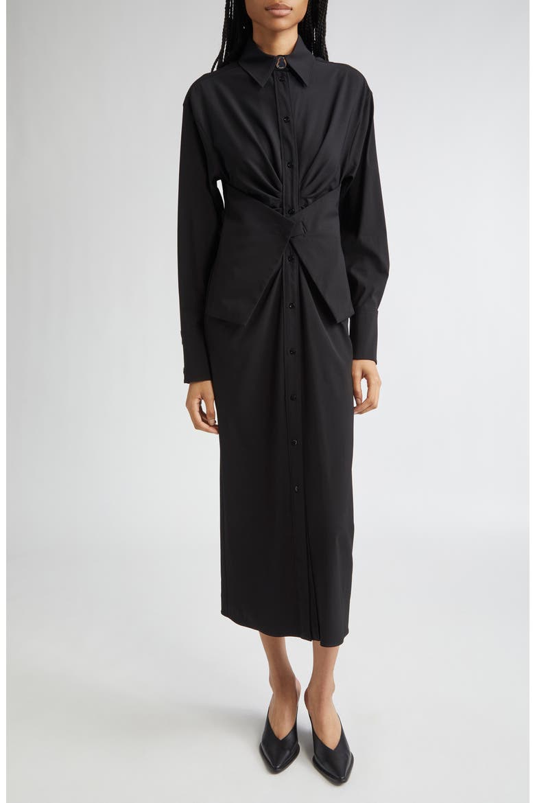 Pirania Ruched Long Sleeve Midi Shirtdress, Main, color, BLACK