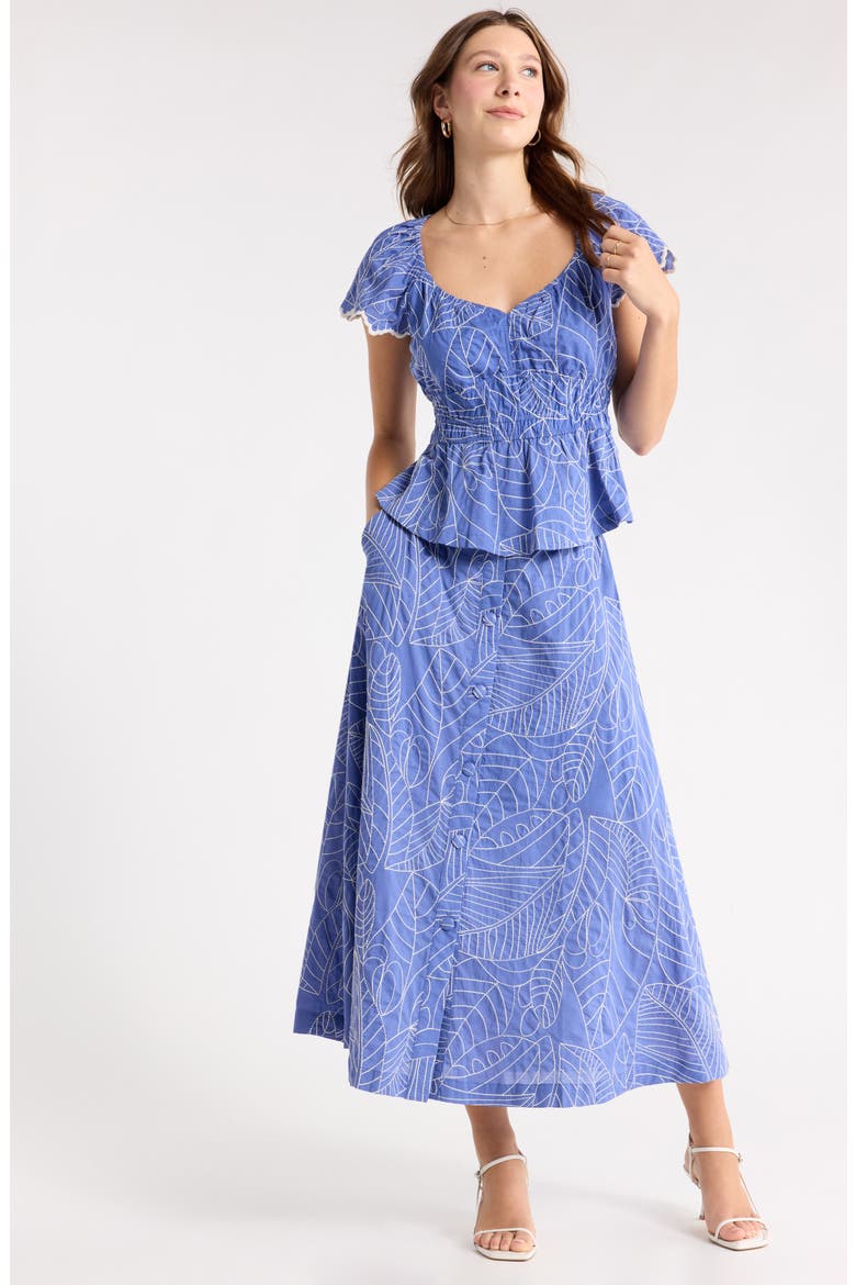 Embroidered Cotton Midi Skirt, Alternate, color, BLUE-WHITE LEAF EMBR