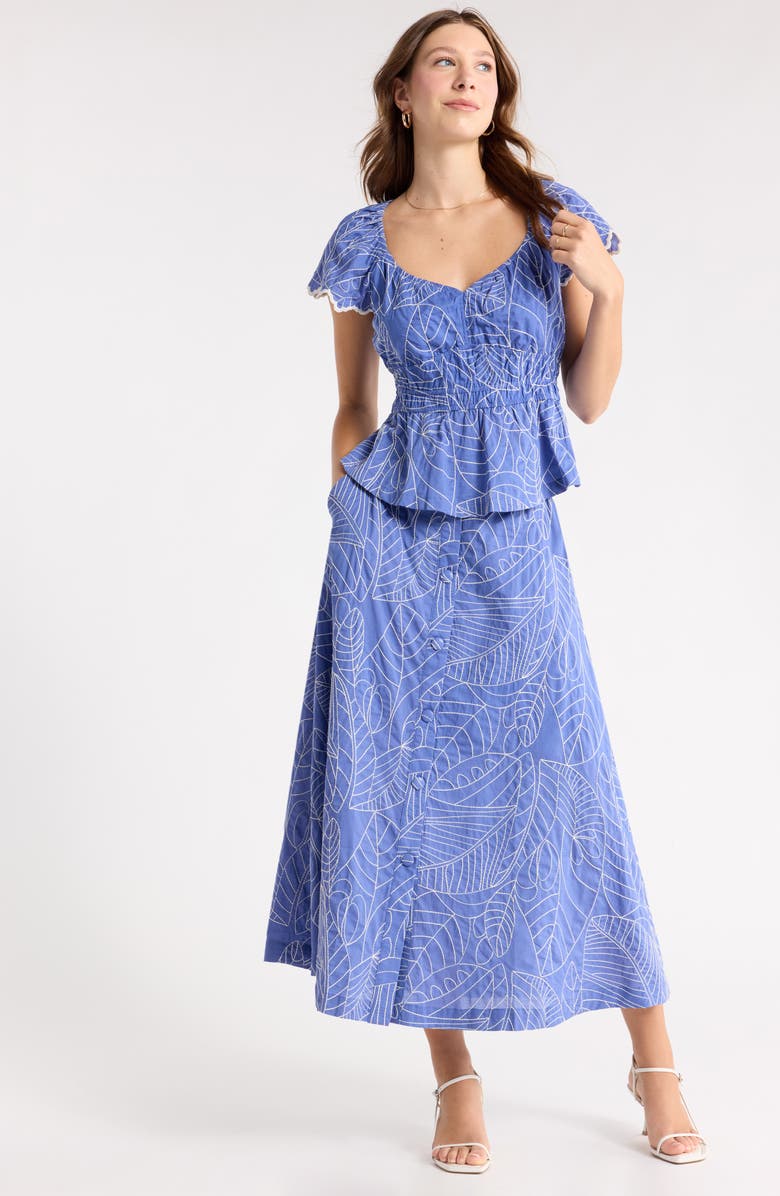 1901 Embroidered Cotton Midi Skirt, Alternate, color, Blue-White Leaf Embr