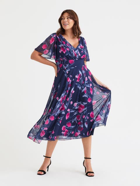 Victoria Floral Angel Sleeve Midi Dress