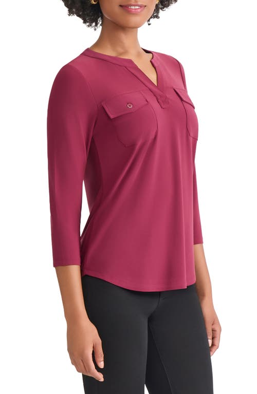 Jones New York Patch Pocket Crepe Popover Top In Burgundy
