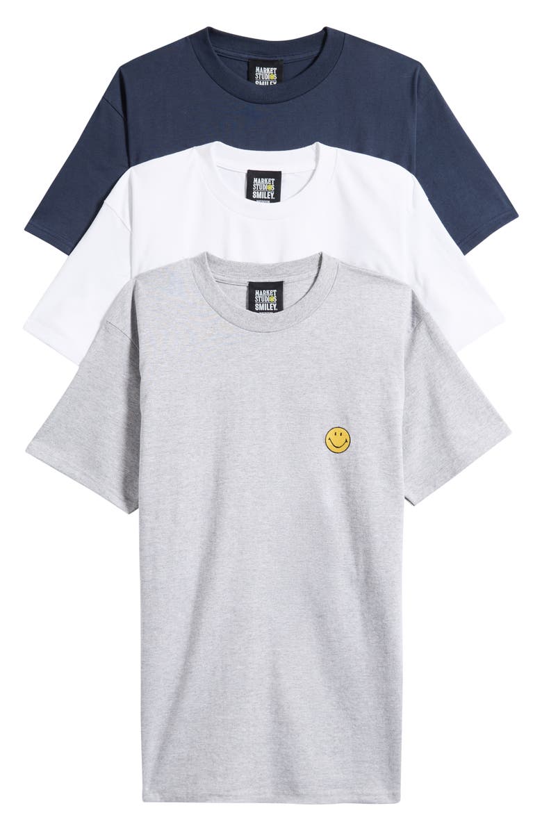 MARKET SMILEY<sup>®</sup> Studios 3-Pack Assorted Cotton T-Shirts, Alternate, color, White/ Skipper-Blue/ Ht-Grey
