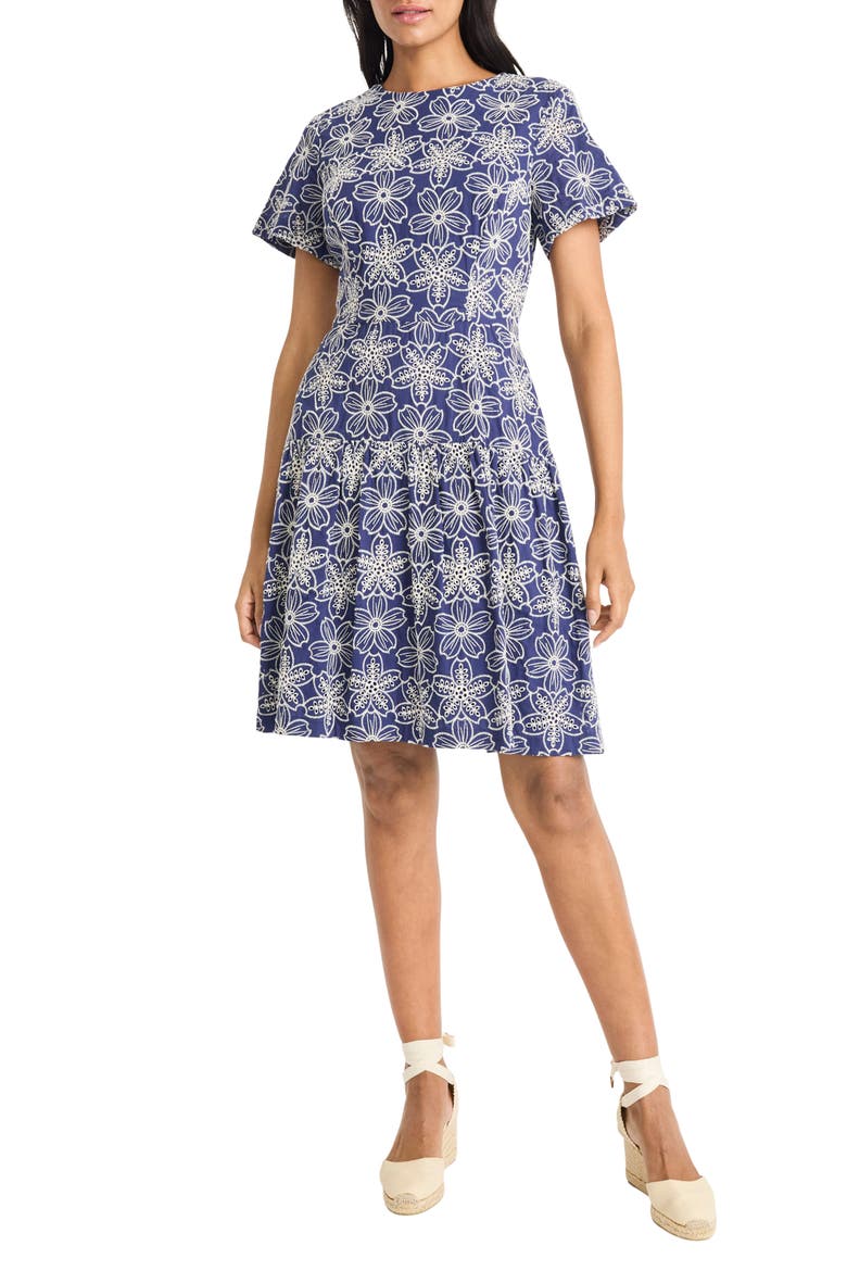 Floral Short Sleeve Minidress, Main, color, IVORY/ BLUE