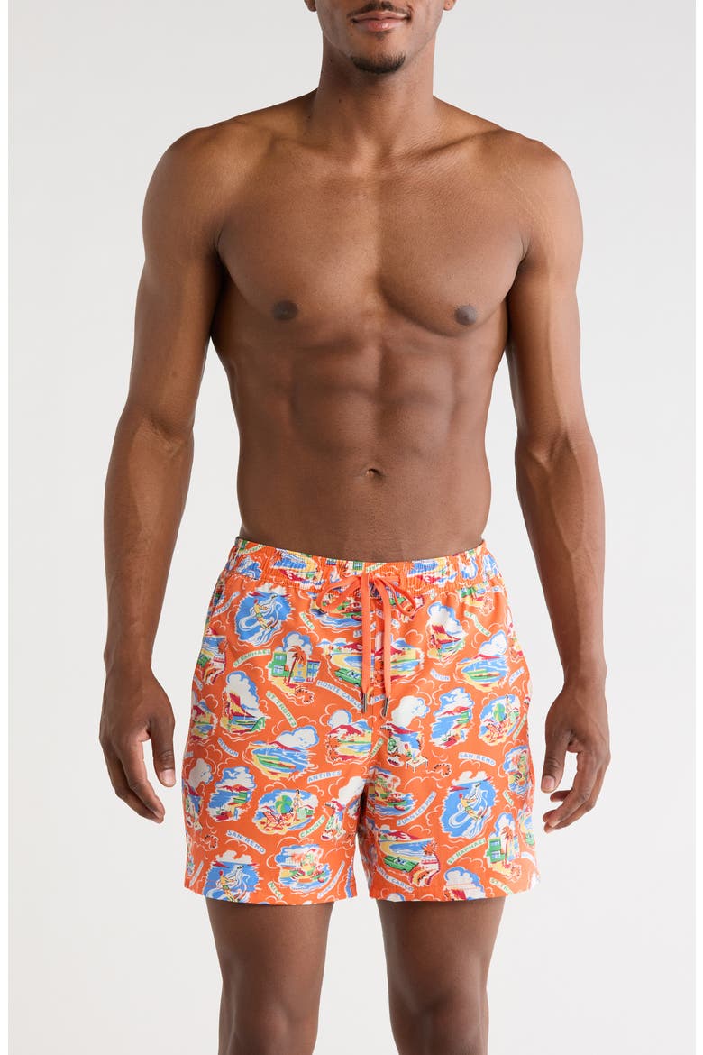 The Bungalow Print Swim Trunks, Main, color, RED COTE D AZURE