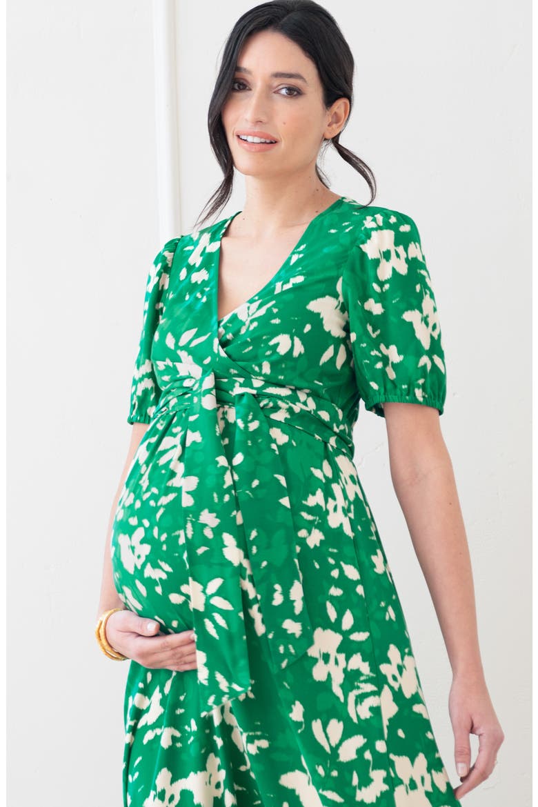 Floral Tie Waist Maternity/Nursing Midi Dress, Alternate, color, GREEN PRINT