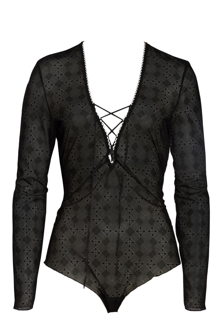 Long Sleeve Geo Lace Bodysuit, Alternate, color, BLACK