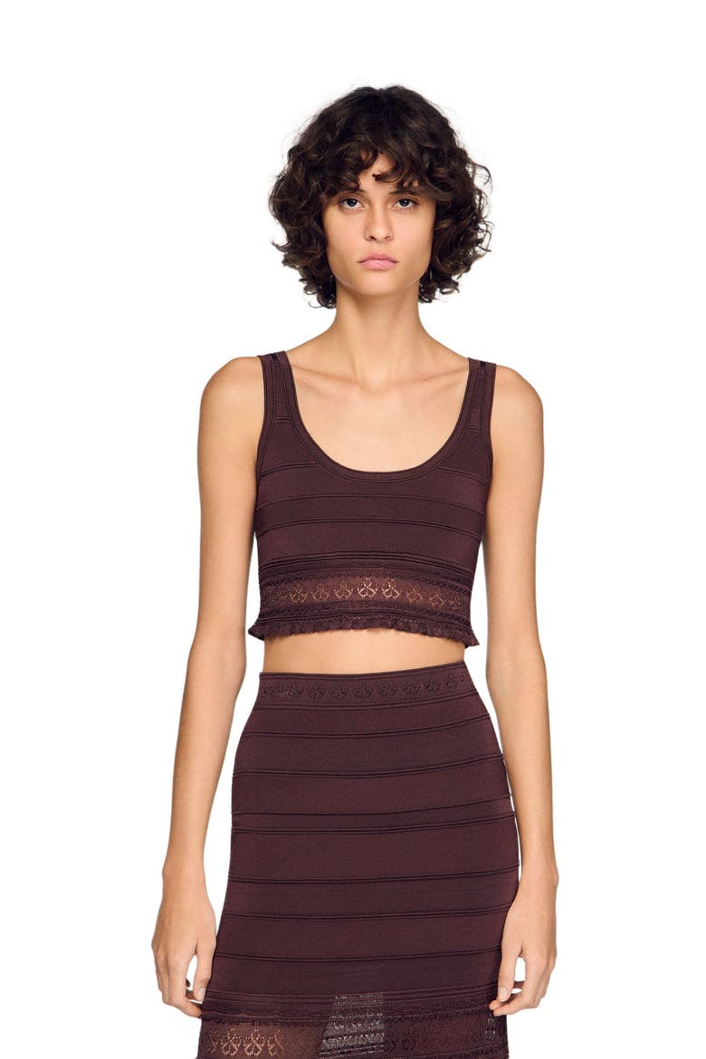 Pointelle knit crop top, Alternate, color, Brown