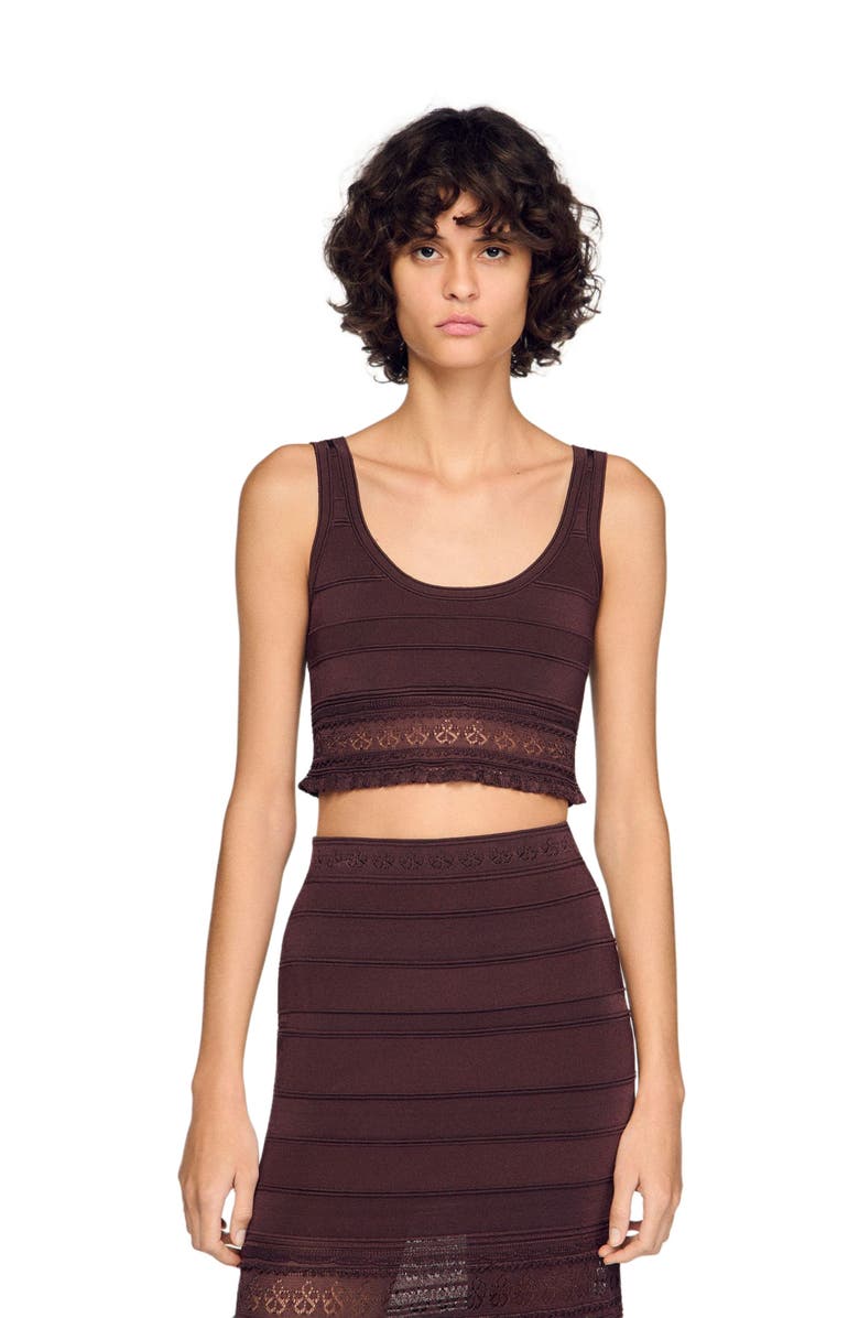 SANDRO Pointelle knit crop top, Alternate, color, Brown