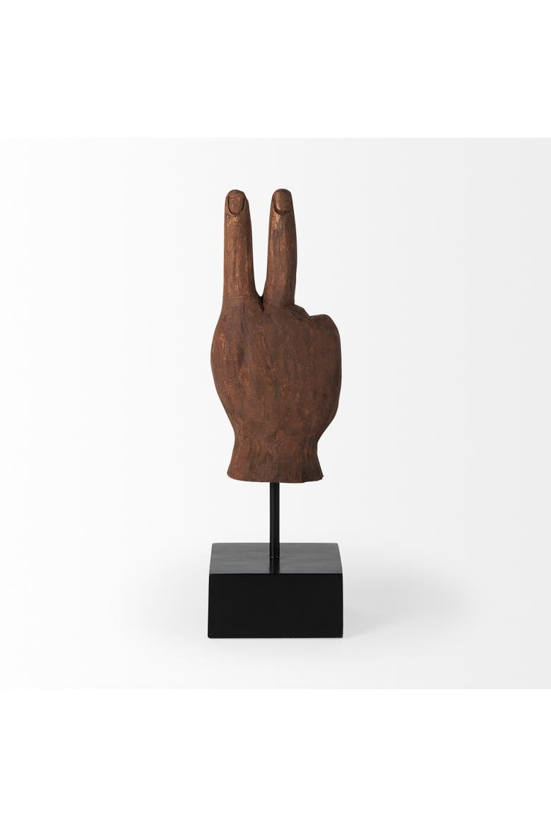 Pacem 4L x 4W Natural Wooden Carved Peace Sign Hand, Alternate, color, Brown