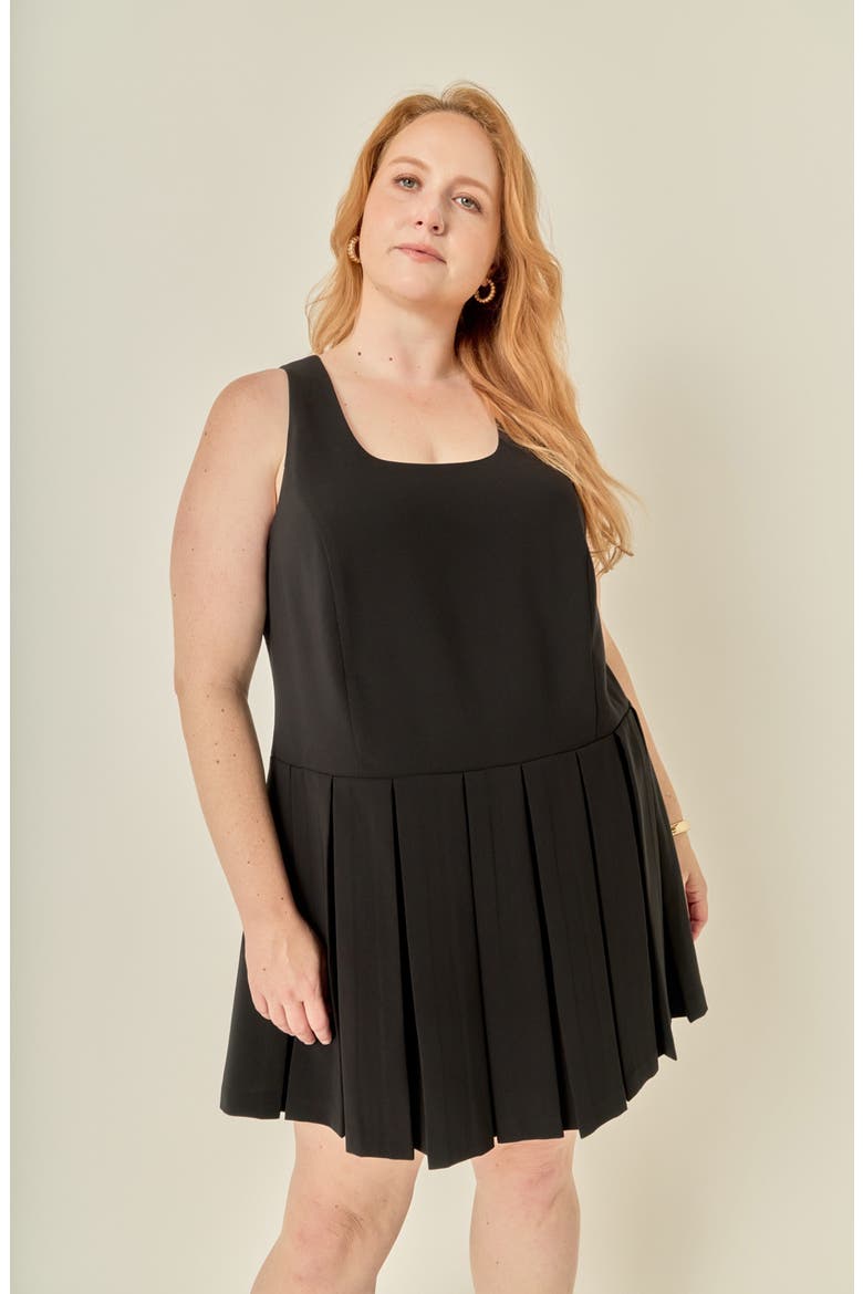U-Neck Pleated Sleeveless Minidress, Alternate, color, BLACK