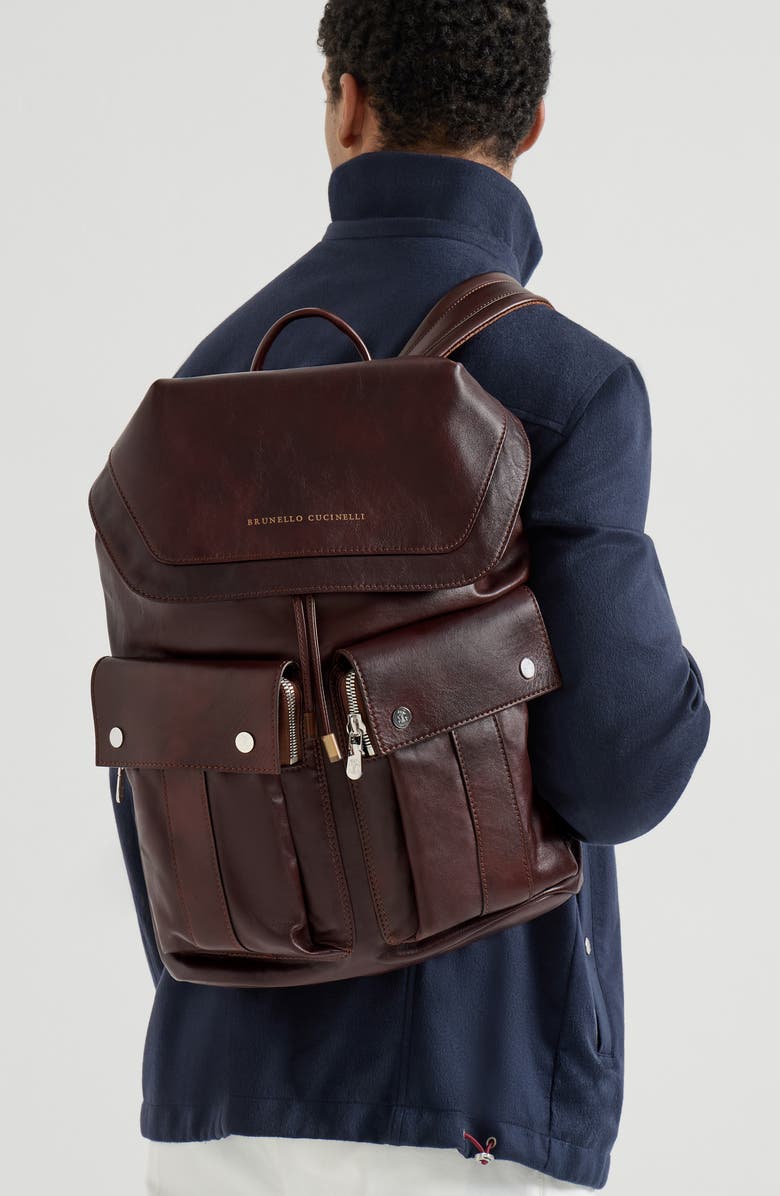 Brunello Cucinelli Calfskin leisure backpack, Alternate, color, Rust Brown