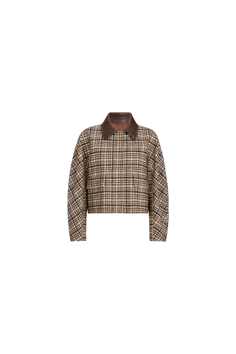 Comfort checked wool and alpaca outerwear jacket with leather collar and monili, Alternate, color, Brown