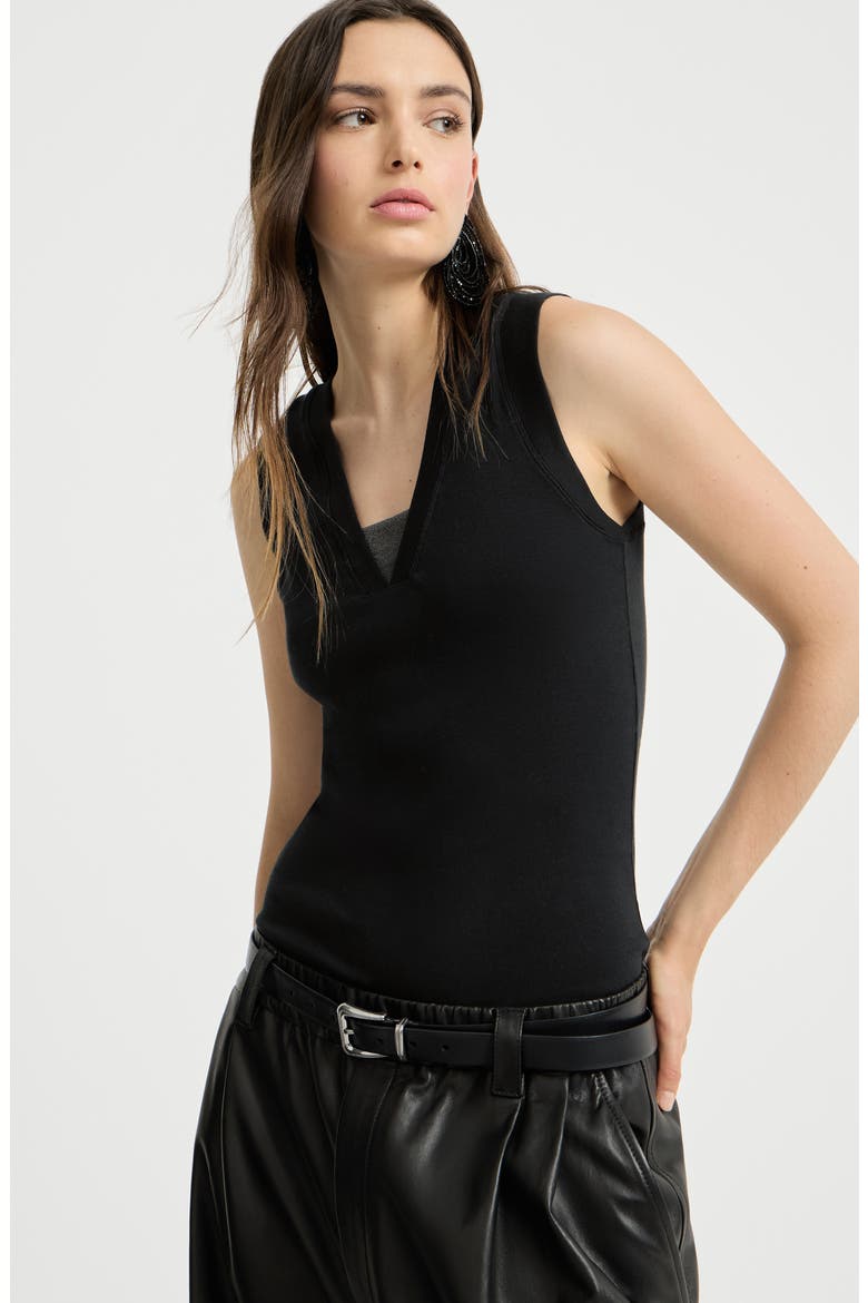 Stretch cotton jersey T-shirt with precious faux-layering, Alternate, color, Black