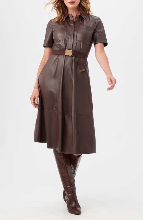 Misola Belted Faux Leather Shirtdress