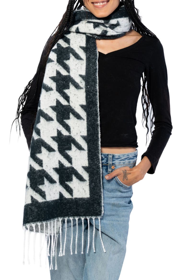 Houndstooth Fringe Scarf, Main, color, BLACK