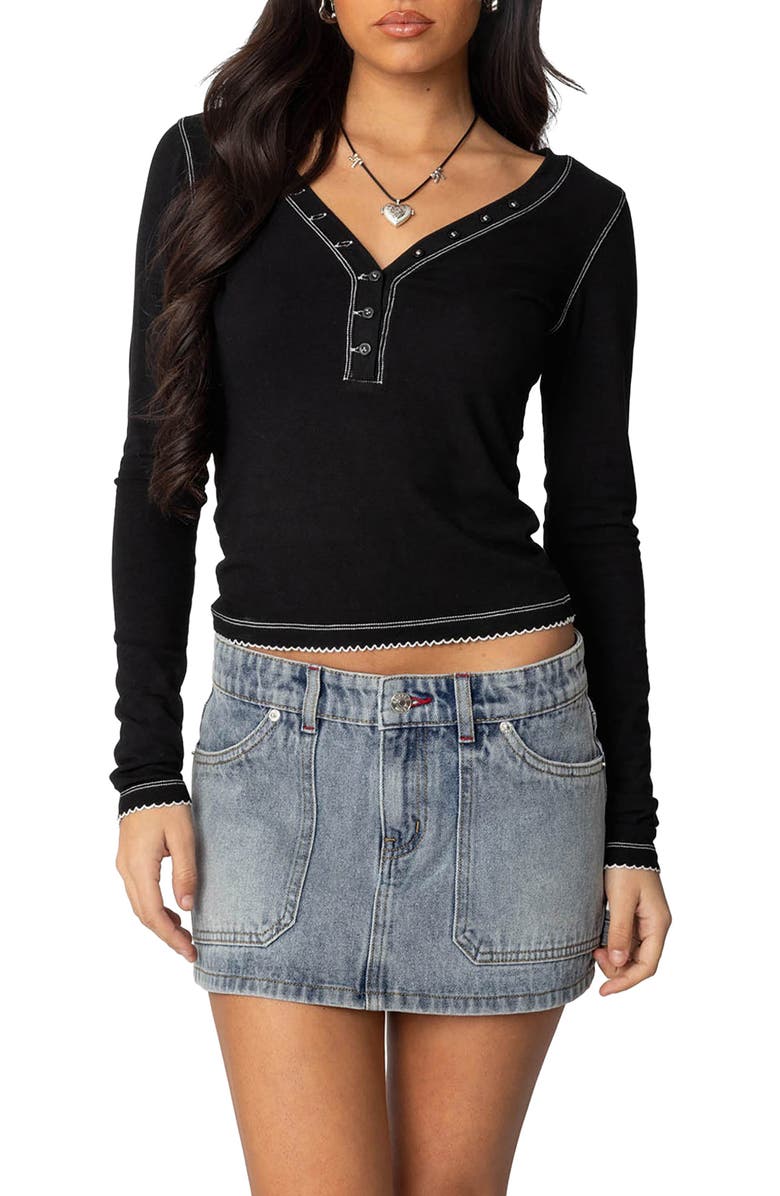 EDIKTED Yael Contrast Stitch Henley, Main, color, Black