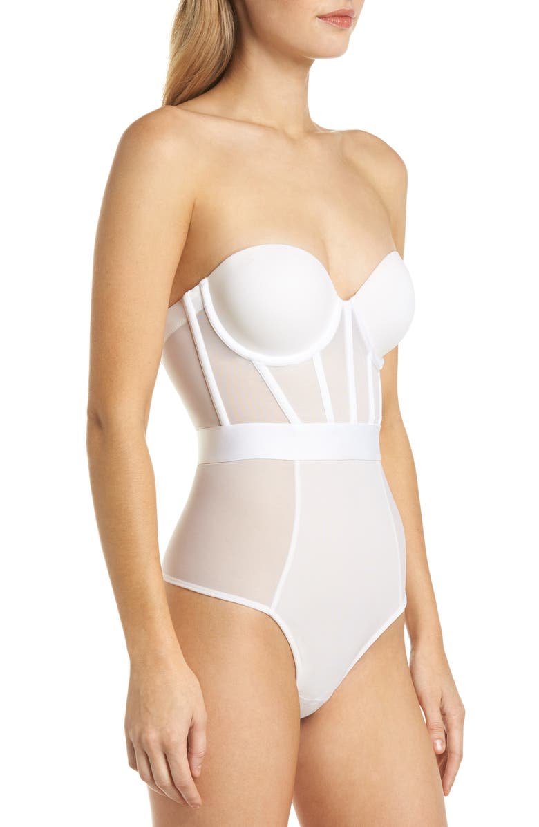 DKNY Sheers Strapless Underwire Bodysuit, Alternate, color, White