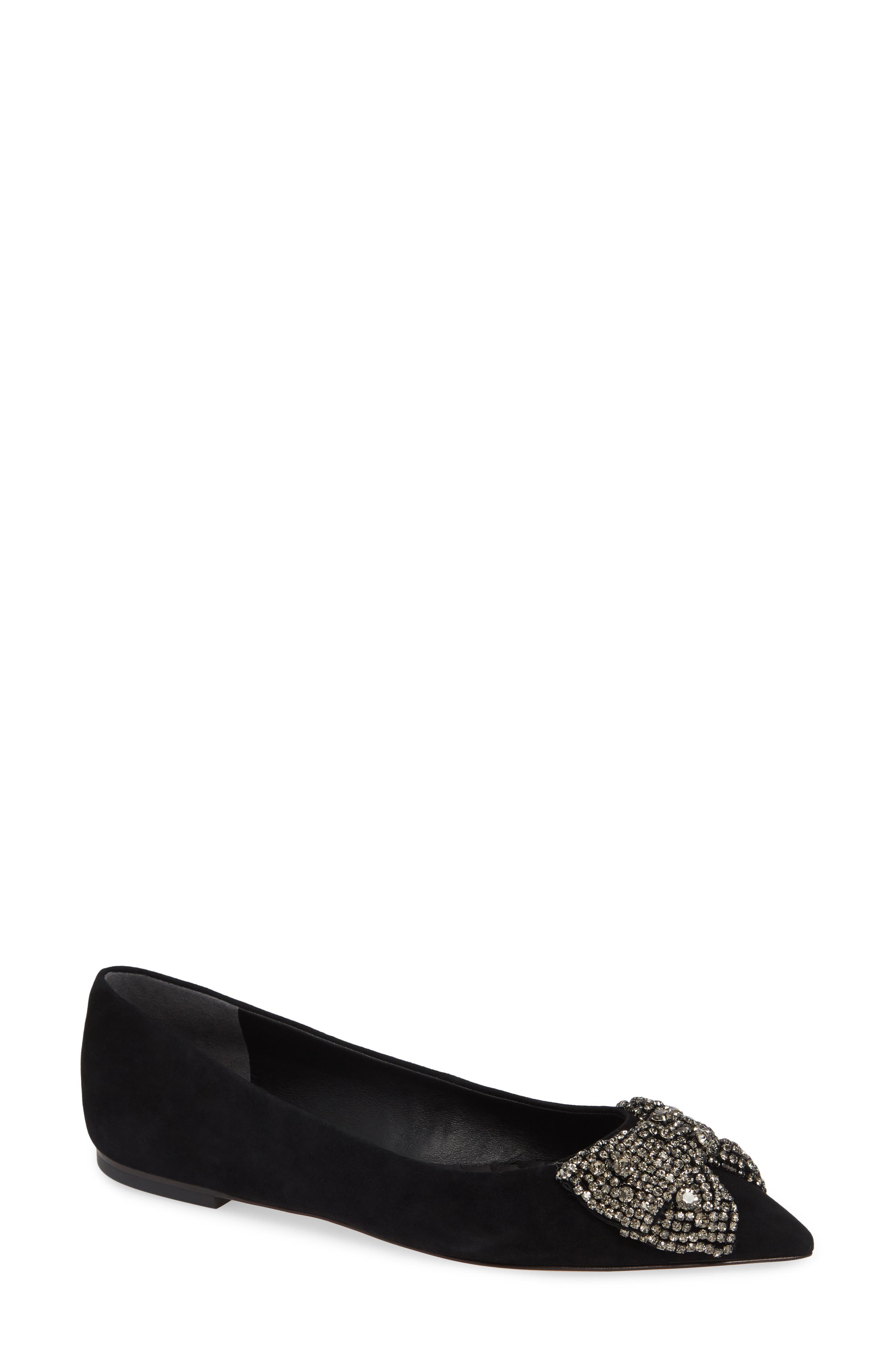 Esme Crystal Bow Flat, Main, color, PERFECT BLACK/ BLACK DIAMOND
