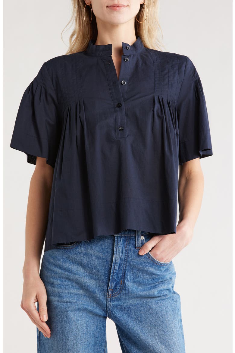 Short Sleeve Pleated Button-Up Top, Main, color, NAVY