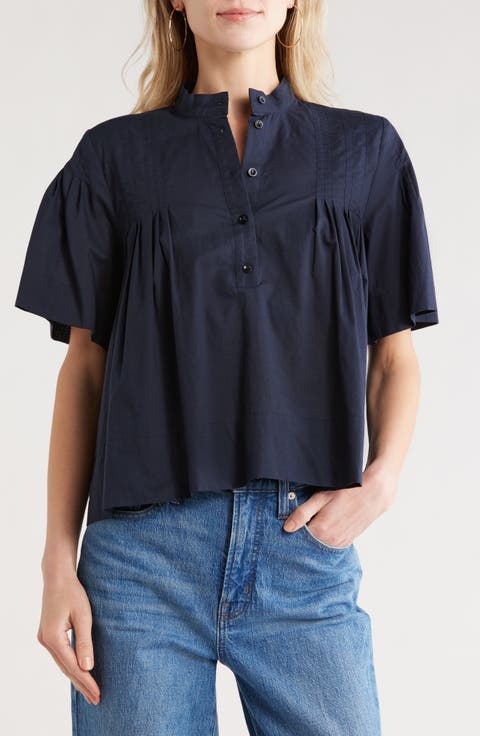 Short Sleeve Pleated Button-Up Top