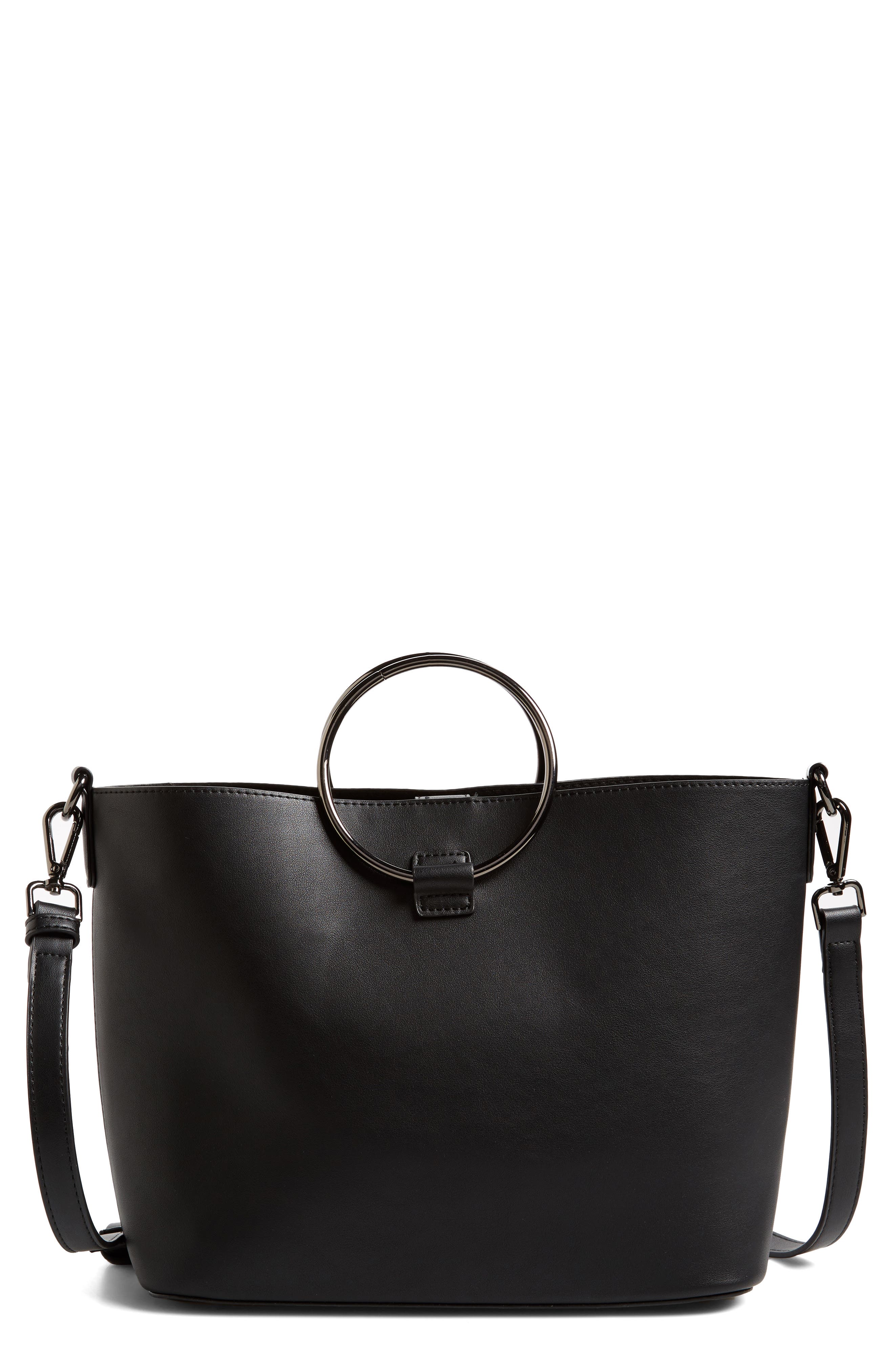 Street Level Metal Handle Faux Leather Crossbody Bag, Main, color, 