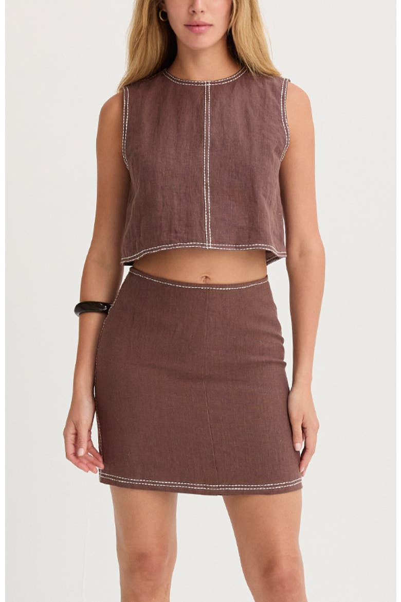 Embroidered Contrast Stitch  Linen Crop Top, Alternate, color, Brown