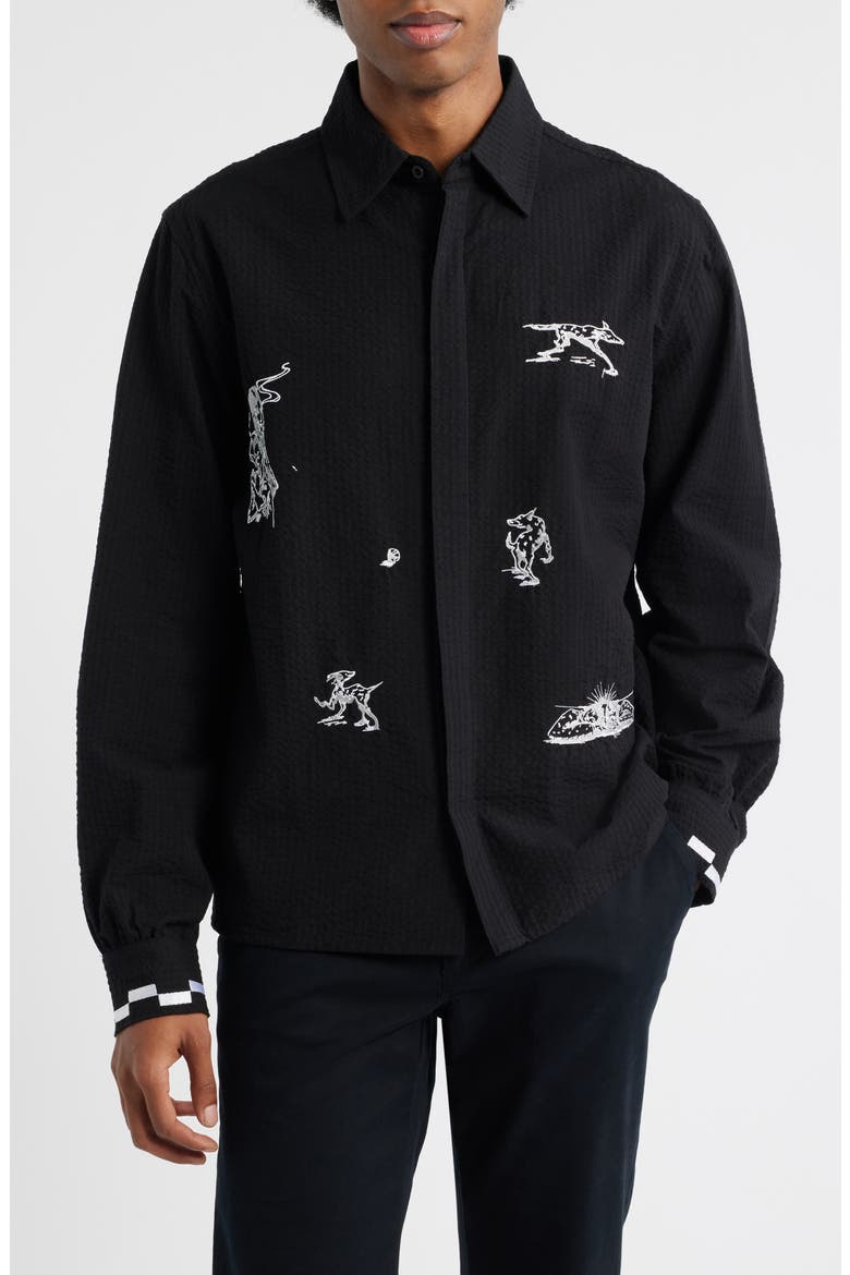 Live Life with Ease Embroidered Button-Up Shirt, Main, color, BLACK