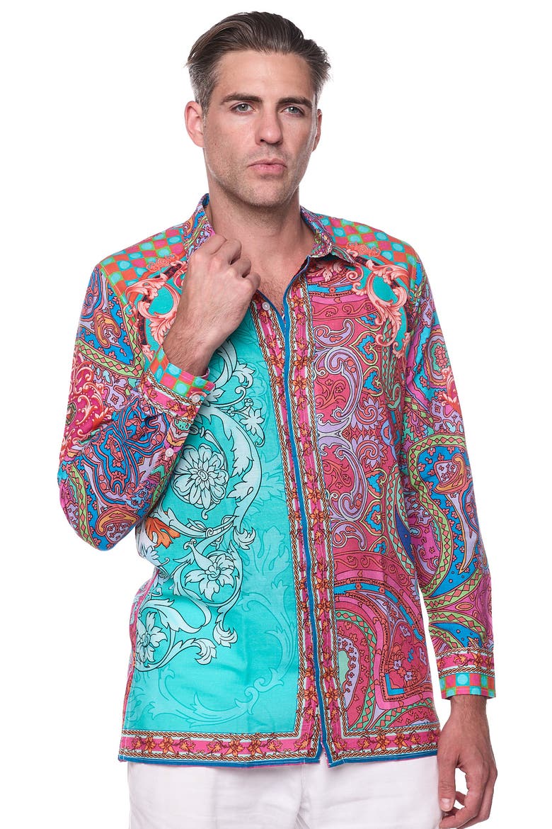 Paisley Linen & Cotton Blend Button-Up Shirt, Alternate, color, TEAL MULTI