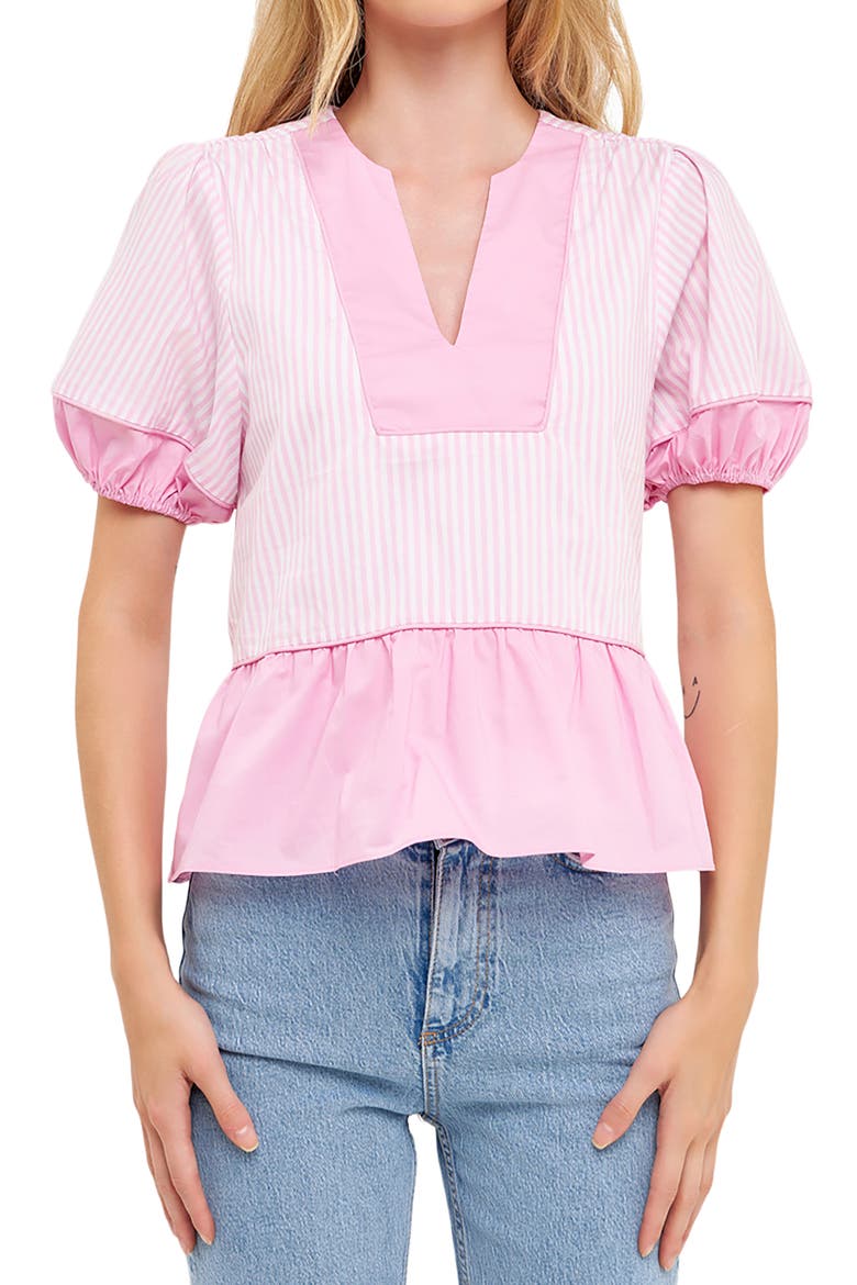 Contrast Stripe Puff Sleeve Top, Alternate, color, PINK MULTI
