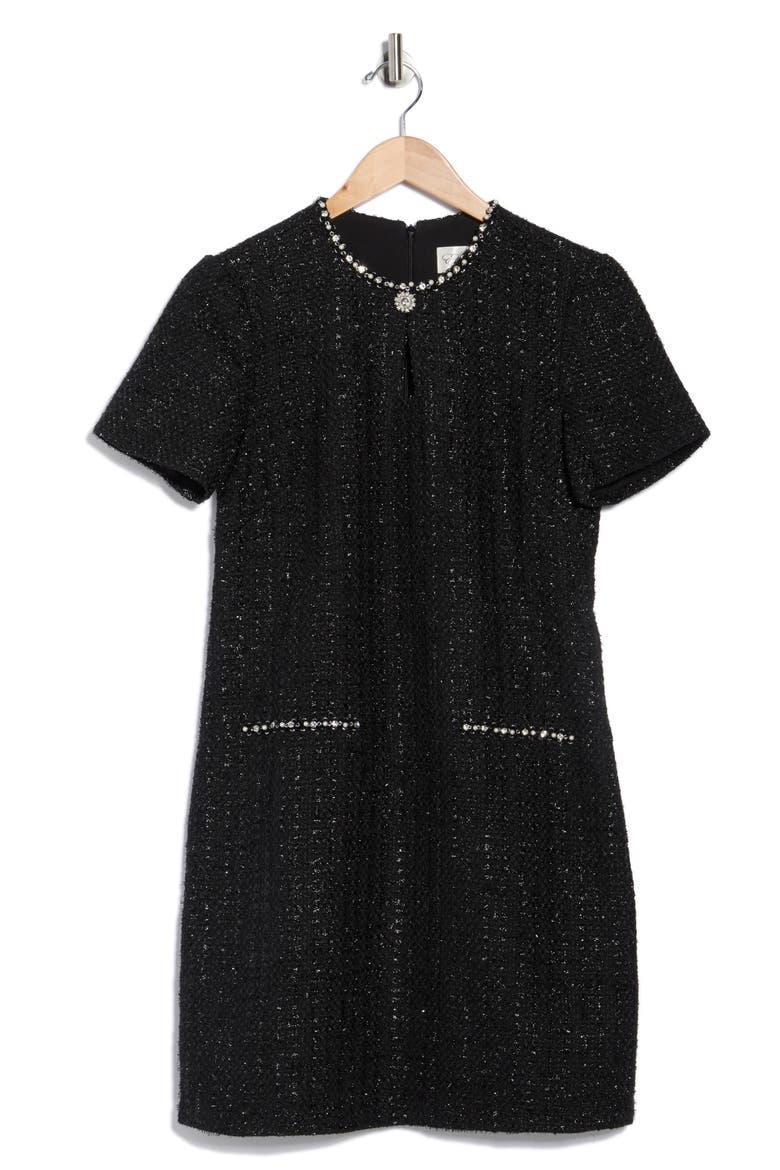 Jewel Neck Short Sleeve Tweed Shift Dress, Alternate, color, BLACK