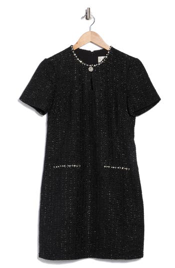 Eliza J Jewel Neck Short Sleeve Tweed Shift Dress In Black