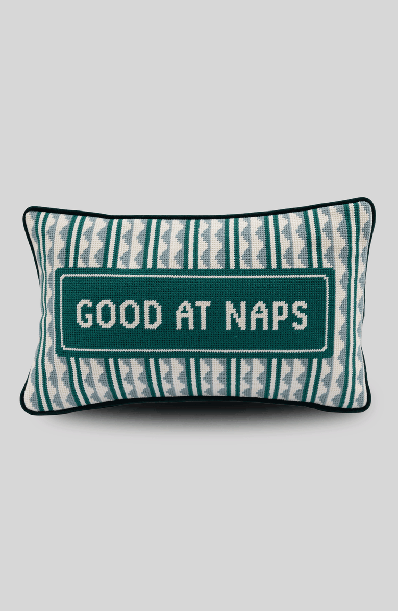 Furbish Good at Naps Needlepoint Pillow, Main, color, Dark Green