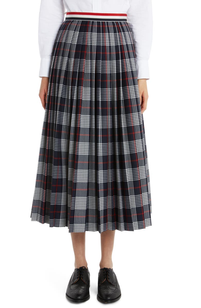 Thom Browne Hairline Plaid Pleated Wool Midi Skirt, Main, color, 