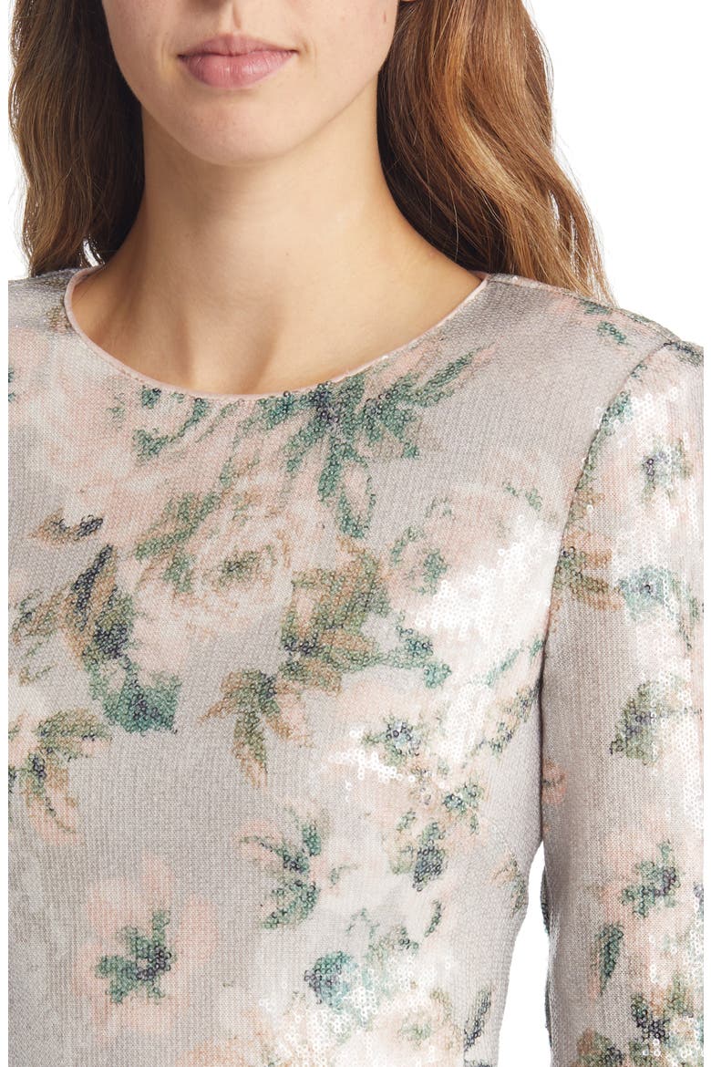 Floral Sequin Long Sleeve Cocktail Dress, Alternate, color, SILVER