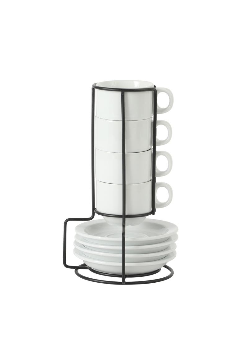Gracious Dining 9-Piece Stoneware Espresso Cup and Saucer Set with Metal Stand, Main, color, White