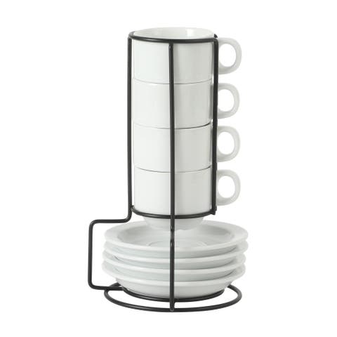 Gracious Dining 9-Piece Stoneware Espresso Cup and Saucer Set with Metal Stand
