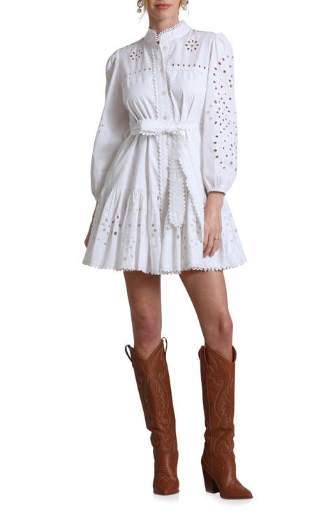 Eyelet Tie Belt Long Sleeve Mini Shirtdress