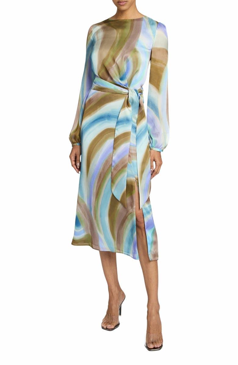 Santorelli DORIA Long Sleeve Midi Dress with Waist Tie in Abstract Swirl Print, Main, color, Aquamarine Multi