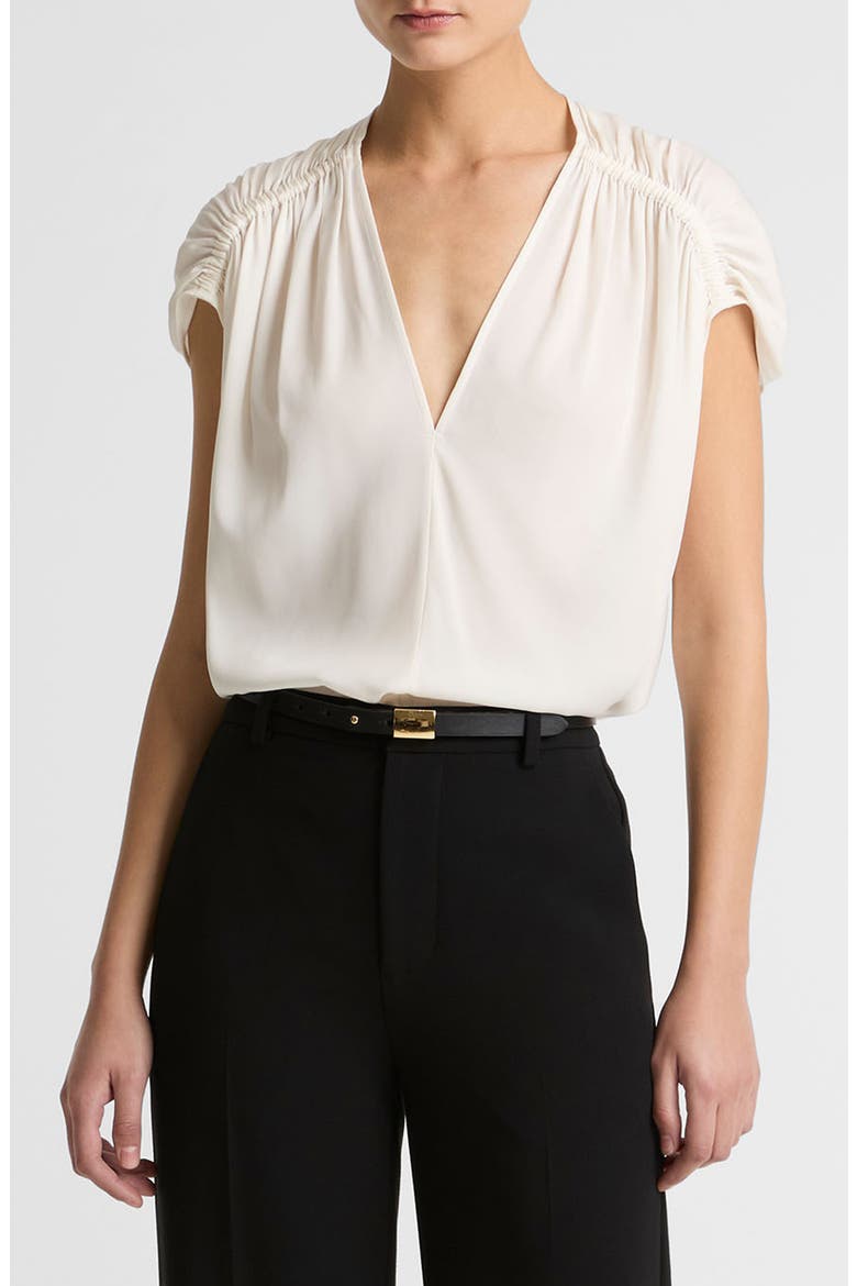 Gathered Cap Sleeve Stretch Silk Top, Main, color, OFF WHITE