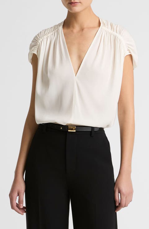 Gathered Cap Sleeve Stretch Silk Top