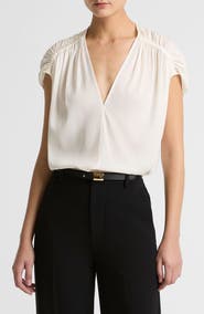 Vince Gathered Cap Sleeve Stretch Silk Top