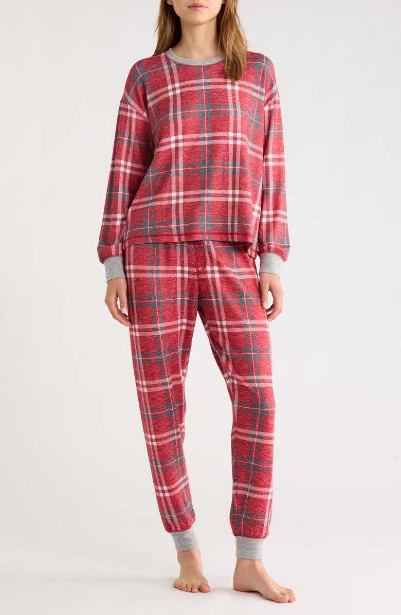 PJ Salvage Let's Get Toasty Plaid Peachy Jersey Pajamas, Main, color, Samba Red