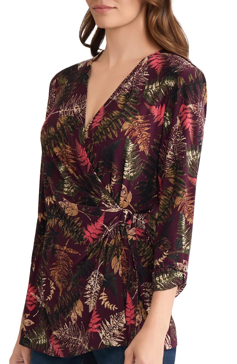 Jones New York Leaf Print Wrap Top, Alternate, color, Wine Plum Multi