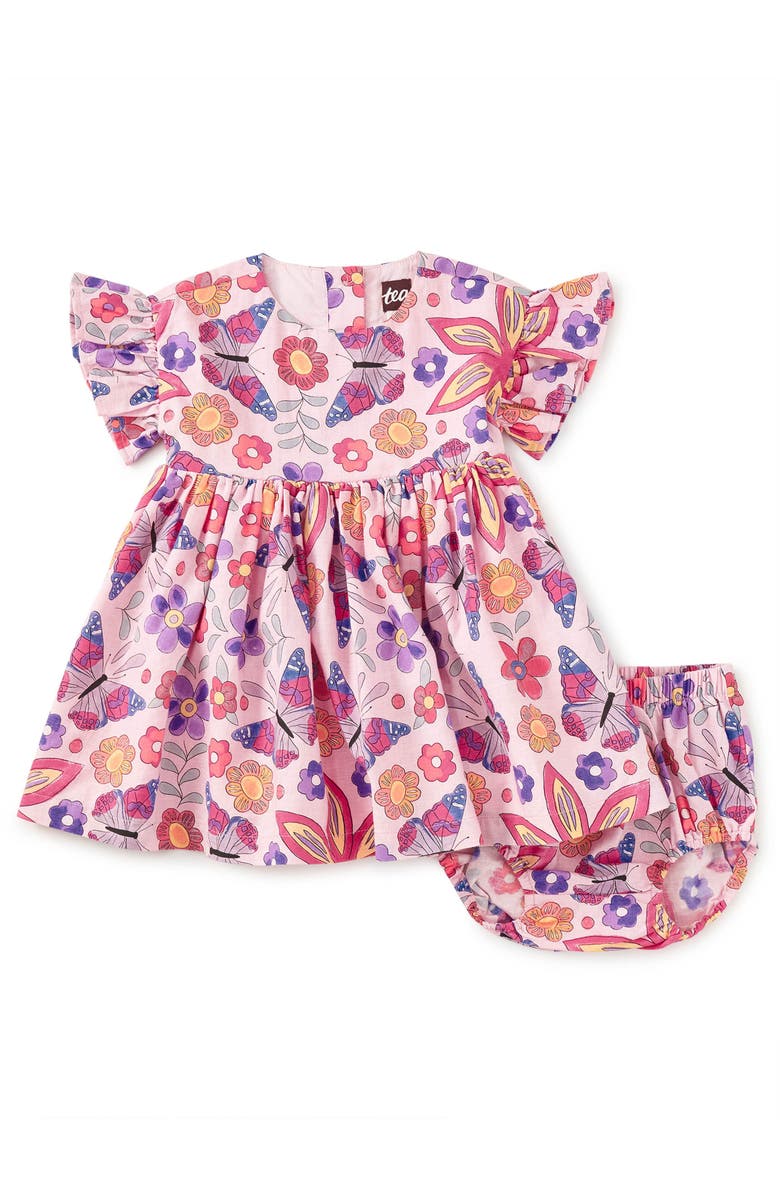Tea Collection Ruffle Sleeve Baby Dress Set, Main, color, Butterfly Tile