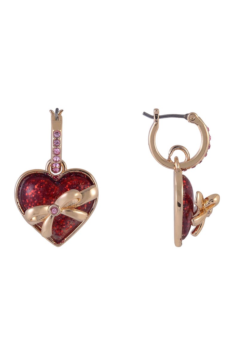 Gold Tone Huggie Hoop Earrings with Red Glitter Heart Drop, Alternate, color, Red