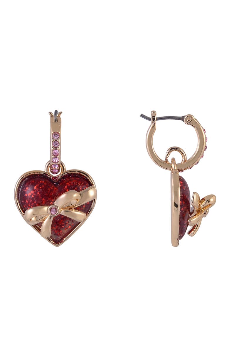 Hallmark Gold Tone Huggie Hoop Earrings with Red Glitter Heart Drop, Alternate, color, Red