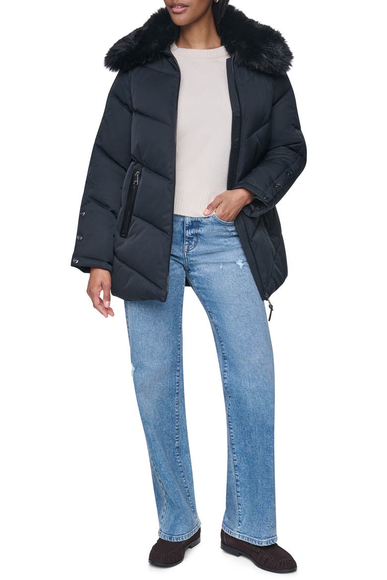 Water Resistant Puffer Jacket with Removable Faux Fur Collar, Alternate, color, BLACK