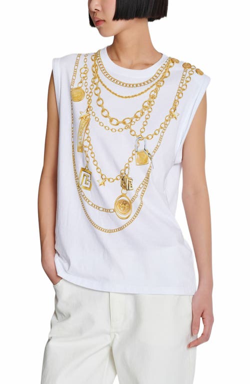 Balmain White Sleeveless Top With Maxi Necklace Print On Front And Rear In White
